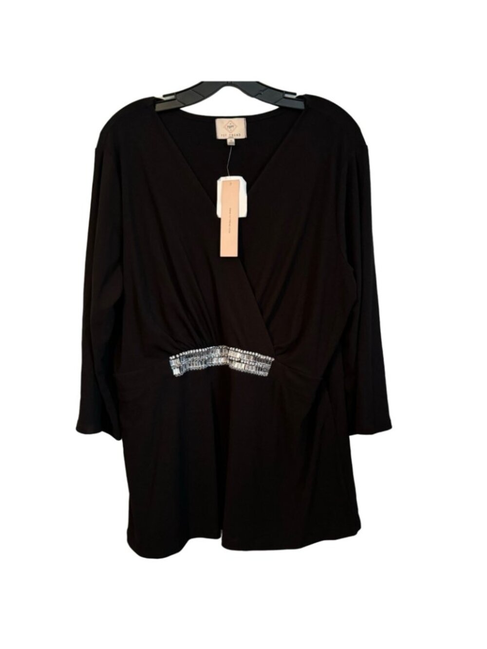 727 Trend Black Top Sequin Belt Accent V-Neck Long Sleeve Size 1X Blouse. NWT - Picture 2 of 12